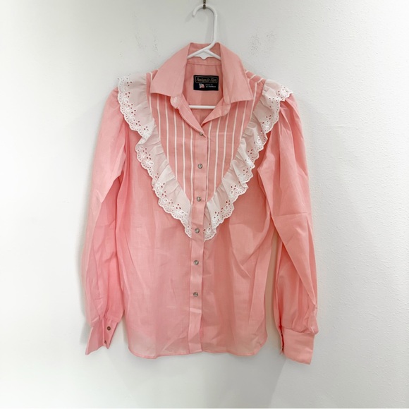 Vintage 80s Western Coquette Panhandle Pink Blouse Lace Cottagecore Gunne Sax S - Picture 3 of 6